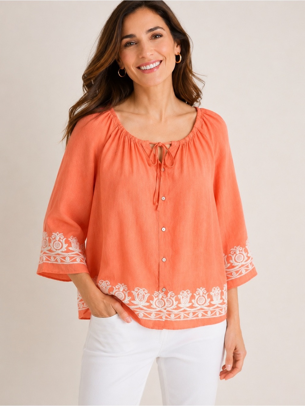 Talbots Petites M Coral Linen Embroidered Peasant Boho Blouse 3/4 Sleeve